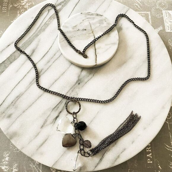 Express Heart Charm Necklace Gunmetal Black Clear Chain Y Drop Tassel - Picture 1 of 3